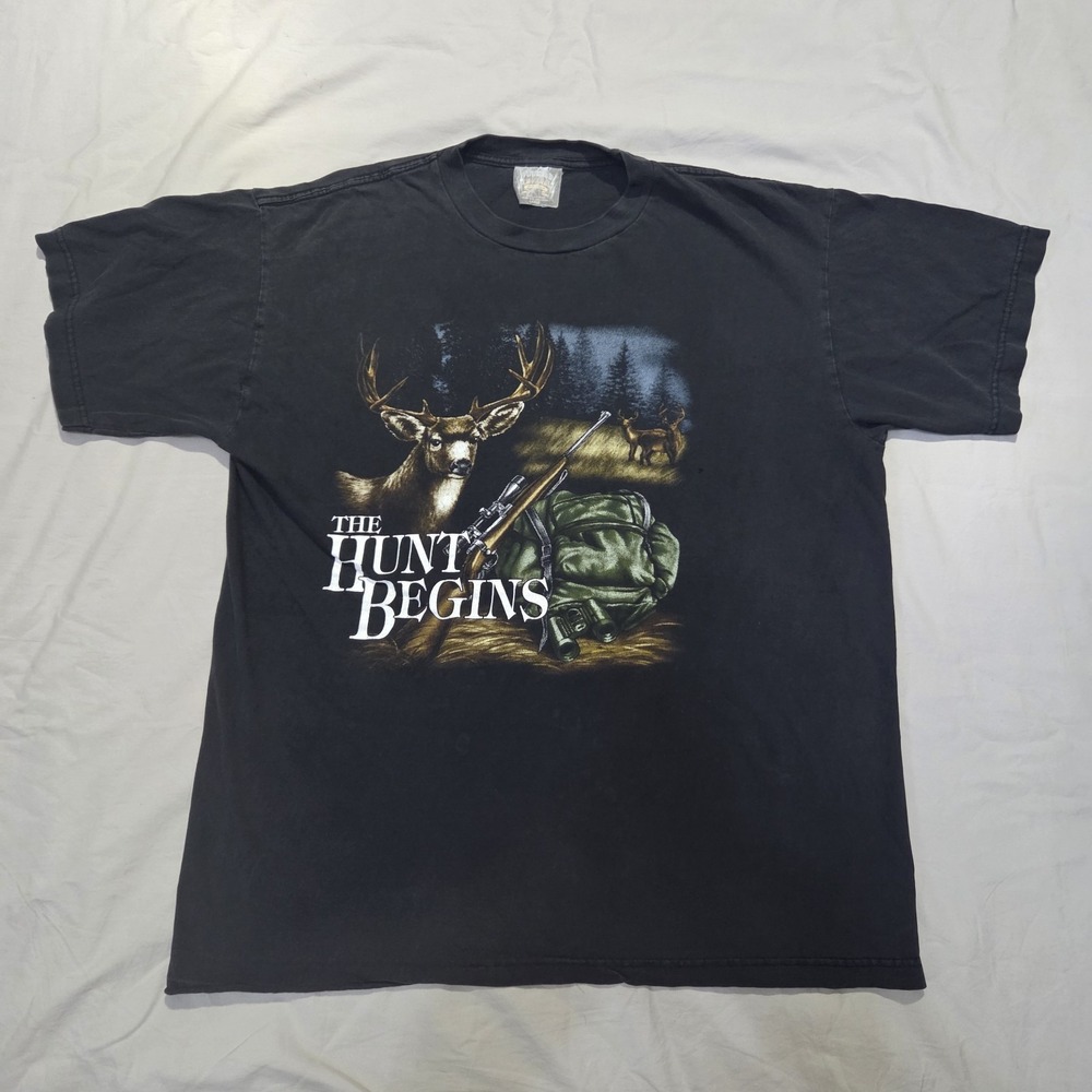 VTG The Hunt Begins Thunder Sportswear Graphic Shirt Big Buck Deer Hunting Sz L